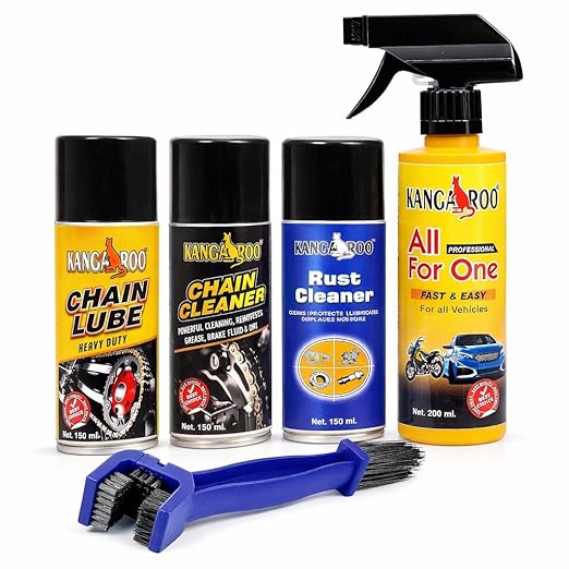619wZDcri4L._SX522_ Kangaroo Bike Care Kit (Chain Lube And Cleaner Rust Remover And Bike Polish Full Care Kit 150 Ml Each Lubricant With Cleaning Brush And 200 Ml Polish (650 Ml Pack Bike Care Kit) - Image 1