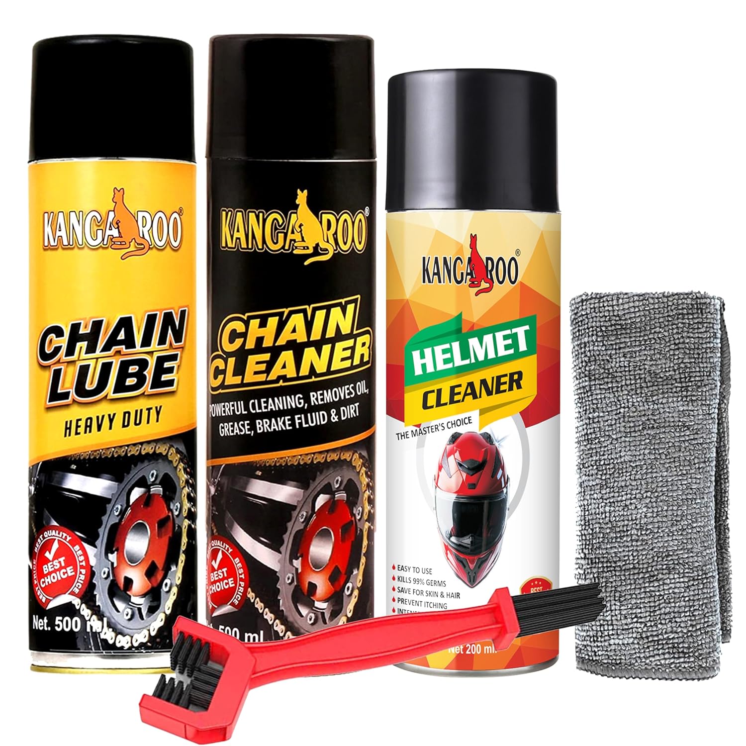 810F0AAxqBL._SL1500_ Kangaroo with Chain Lube 500 ml, Chain Cleaner 500 ml, Helmet Cleaner 200 ml,Chain Cleaning Brush and Microfibre Cloth, (Motorcycle Chain Maintenance Kit) (All in one Solution Kit) - Image 1