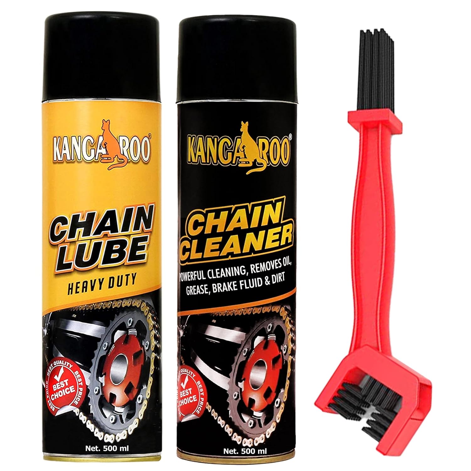 814i3Z2pcxL._SL1500_ (1) KANGAROO Chain Lubricant Spray & Chain Cleaner Kit (500ml Each) + Cleaning Brush | Bike, Motorcycle, Bicycle Maintenance Kit | Anti-Rust, Dirt Removal & Smooth Ride Solution | All-Weather Protection - Image 1