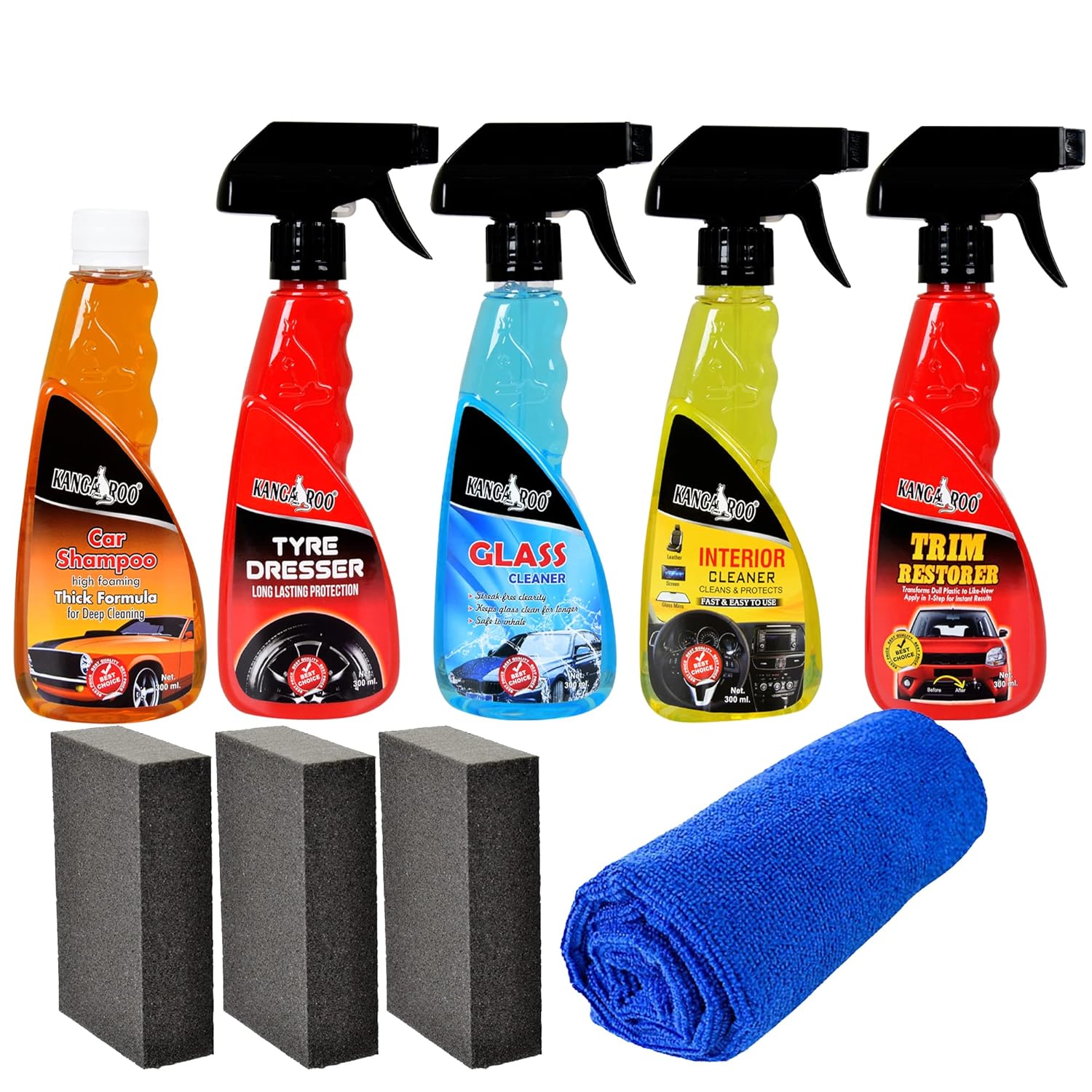 81EovZeK1SL._SL1500_ Kangaroo® Premium Large Car Care Kit Contains Car Shampoo | Tyre Dresser | Glass Cleaner | Interior Cleaner | Trim Restorer Each 300 ml (All in One) Total Car Protection Kit - Image 1